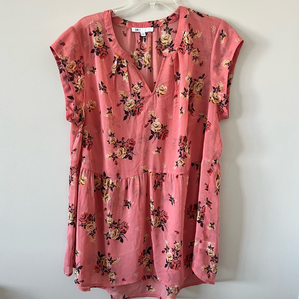 DR2 coral floral peplum tunic blouse